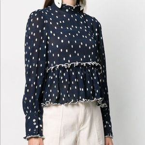 Ganni navy pleated georgette top with white polka dots size 36